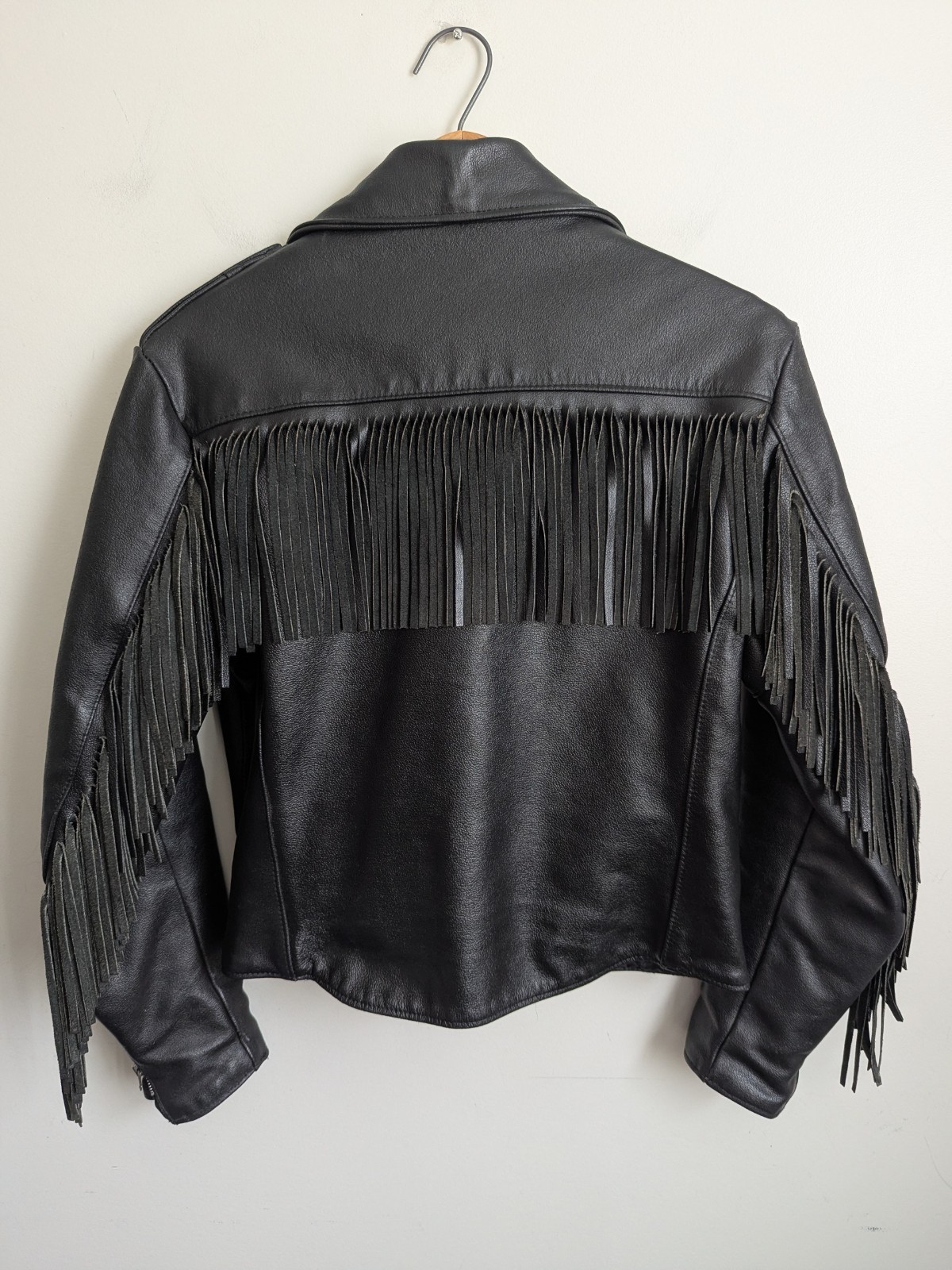 Vintage 60s Sears Black Leather Biker Moto Jacket Belted Fringe Womens S M Punk