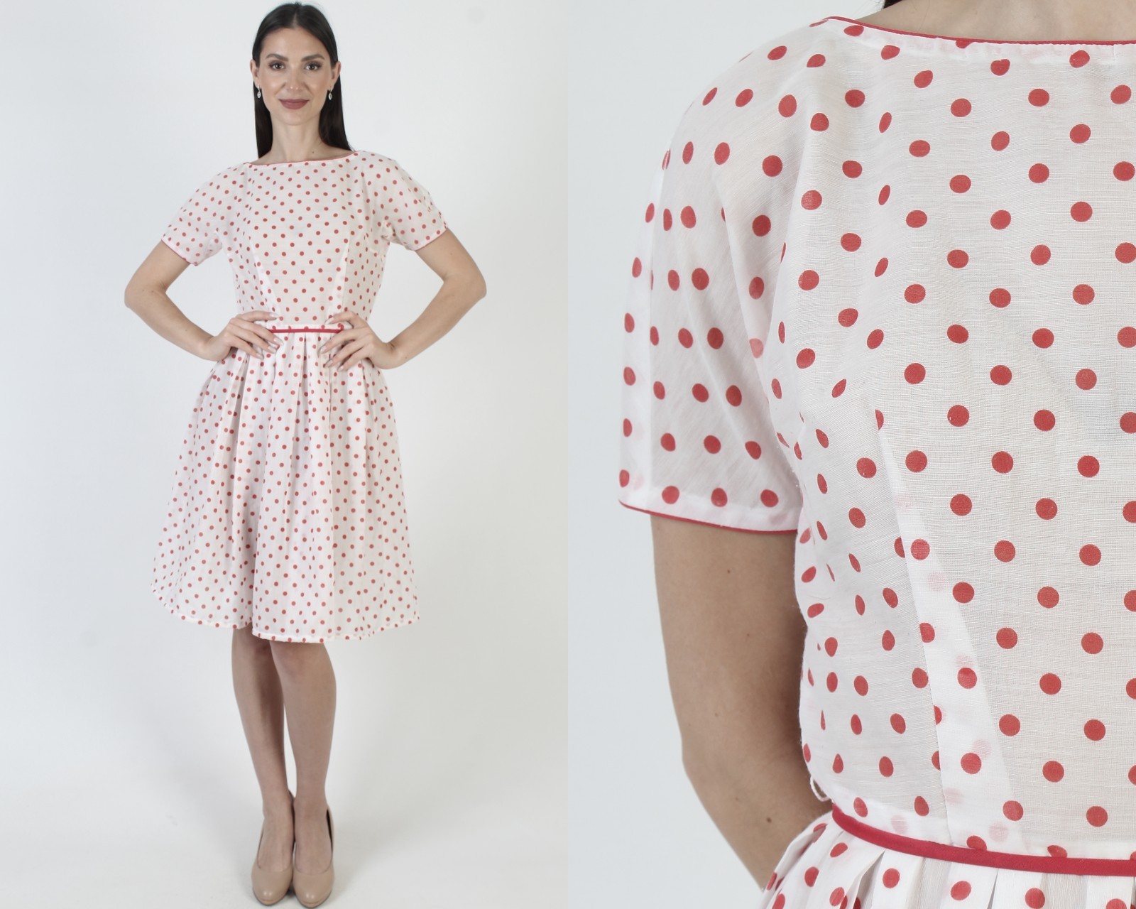 Vintage 50s L’Aiglon White Cotton Dress Red Polka Dot Rockabilly Pin Up Sundress