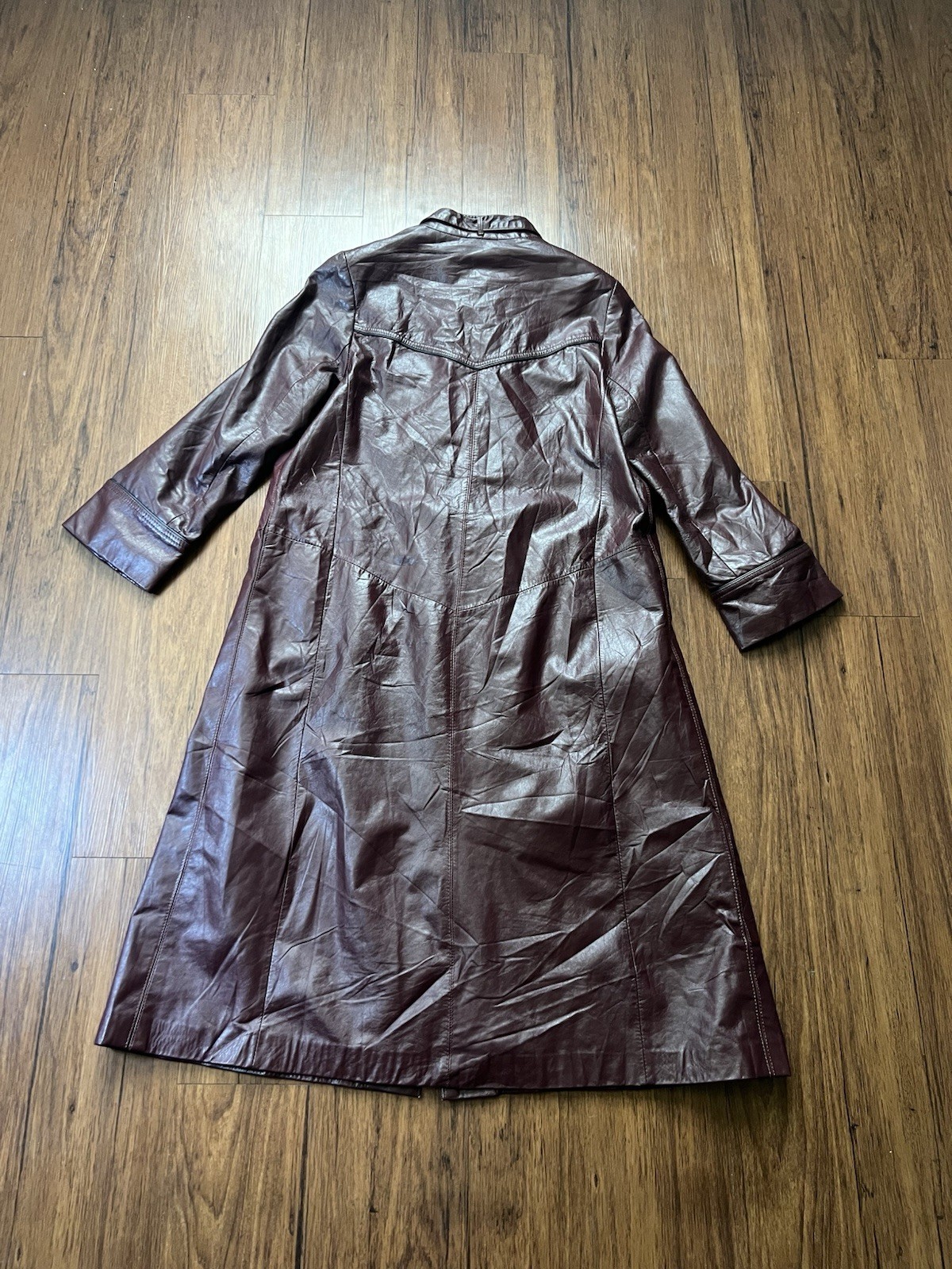 Vintage Suburban Heritage Leather Trench Coat Size 12 Burgundy Red Button 70s