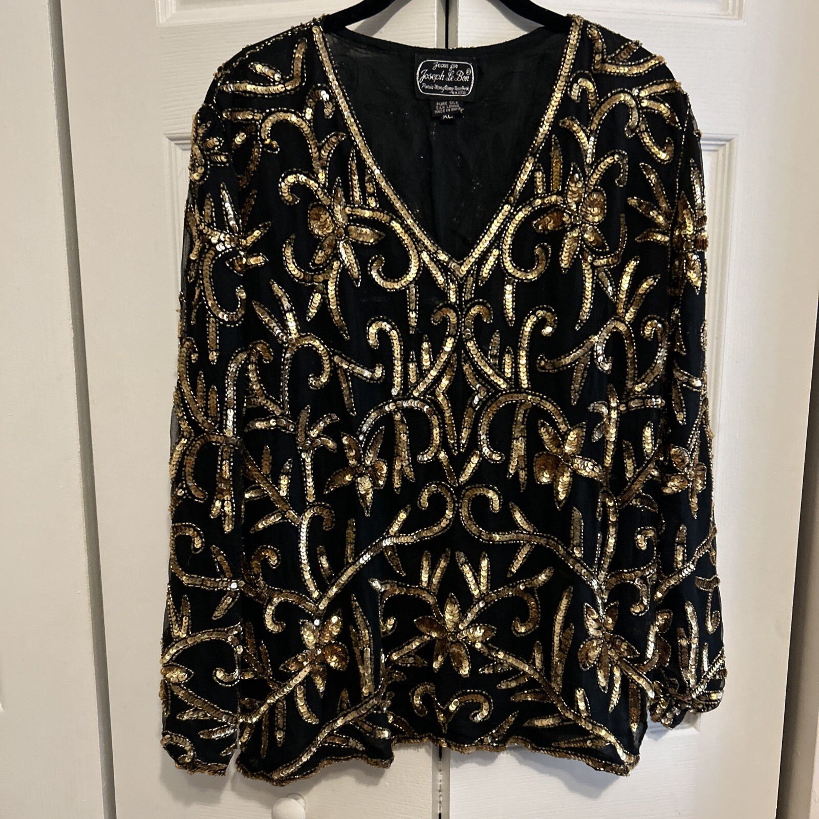 Vintage 1970s Jean For Joseph Le Bon Black/Gold Sequence Top Size XL
