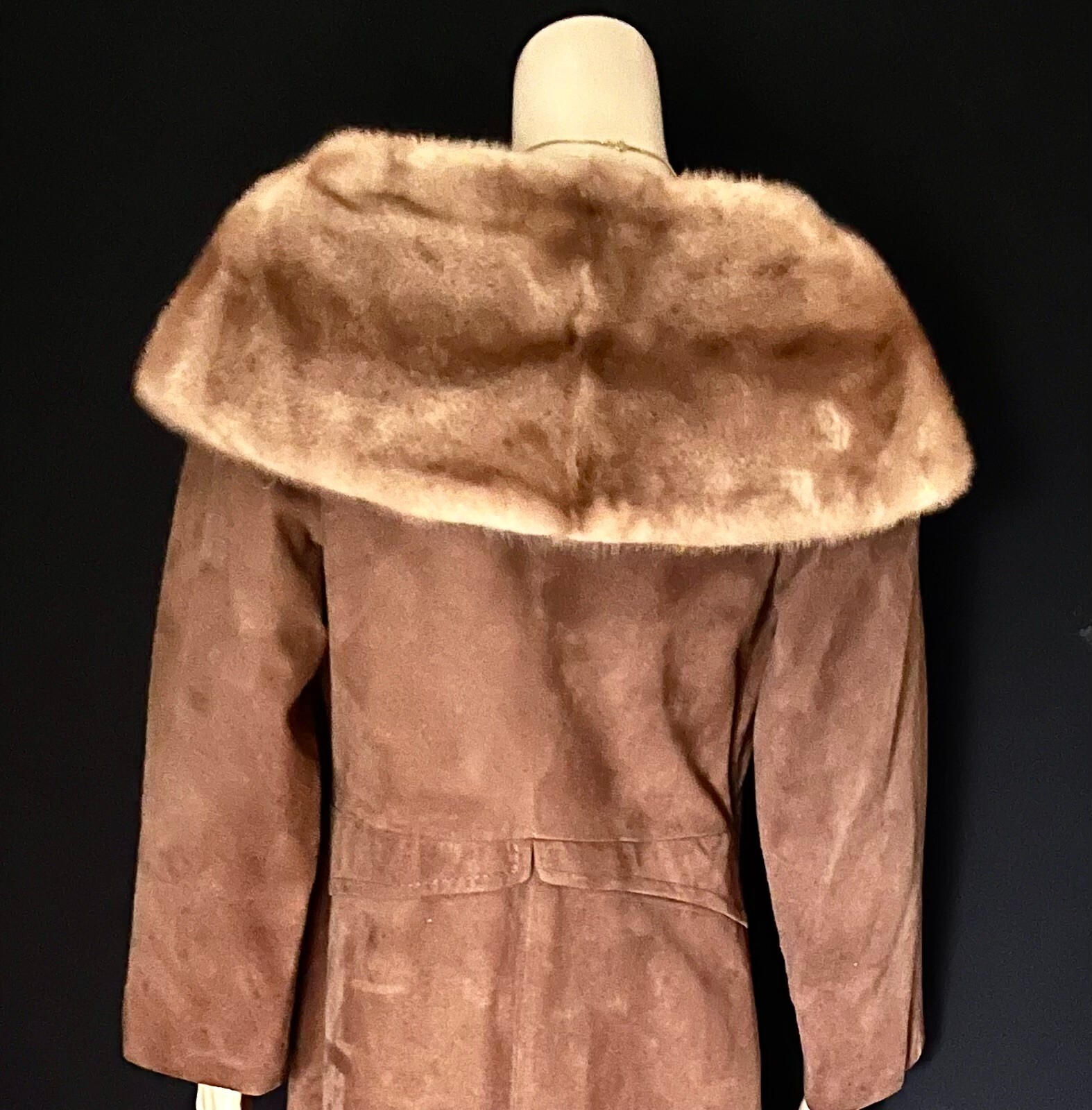 1960s, 1970s Mink Collared Light Cocoa Brown Suede Coat, Fitted, Belted, Sm- Med