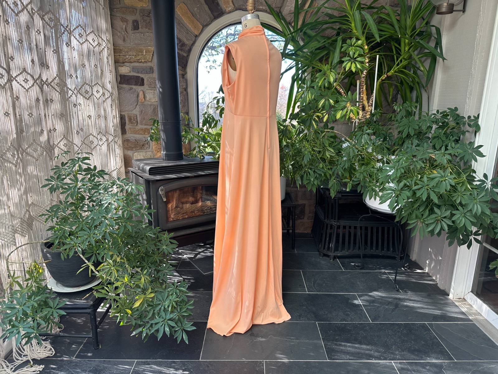 Vintage 1970s Peach Knit and Lace Formal Maxi Dress