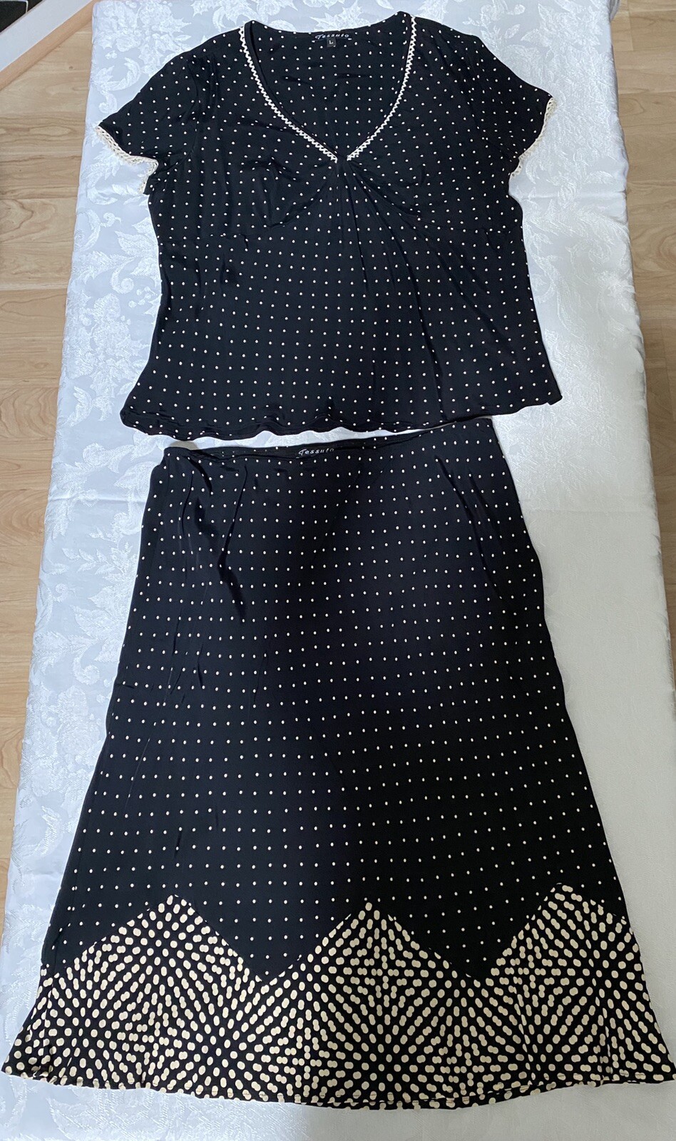 Vintage Tessuti Women L Rayon Top And Skirt Set Crocheted Polka Dots USA #289