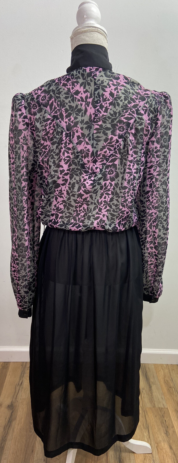 Vintage 60s Sheer Black and Purple Floral Blouson Tie Neck Dress Women’s Size 12