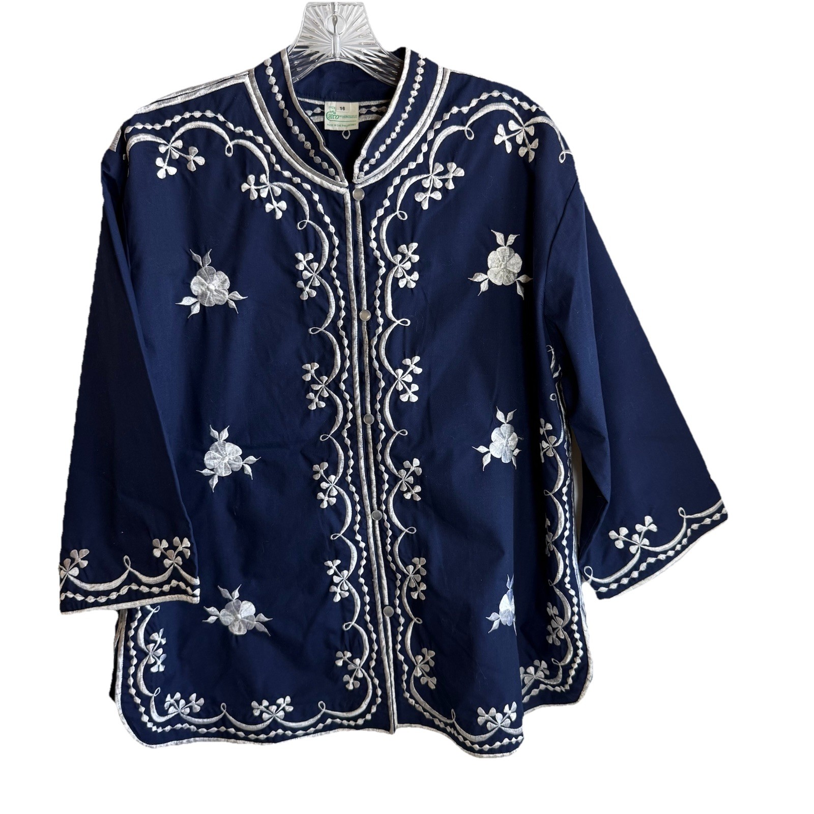 Caro Honolulu VTG Size 16 Blue Jacket Tunic White Floral Embroidery Loop Buttons