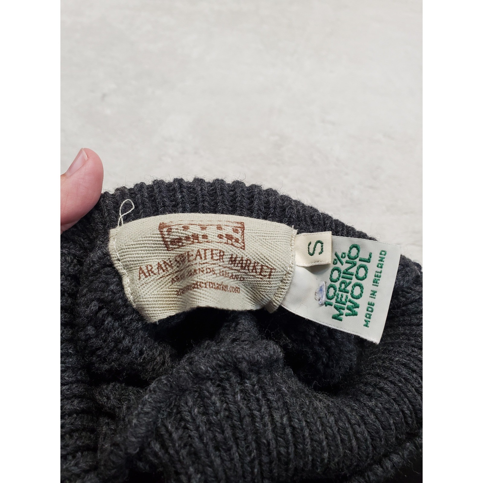 Vintage Gray Chunky Cable Knit Turtleneck Merino Wool Fisherman Sweater Small
