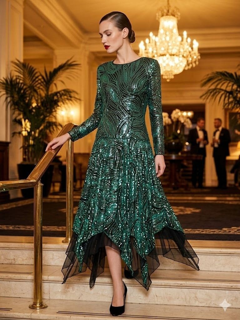 Vintage 80s Black Tie He-Ro Green Sequin Silk Dress Handkerchief Hem Size 12