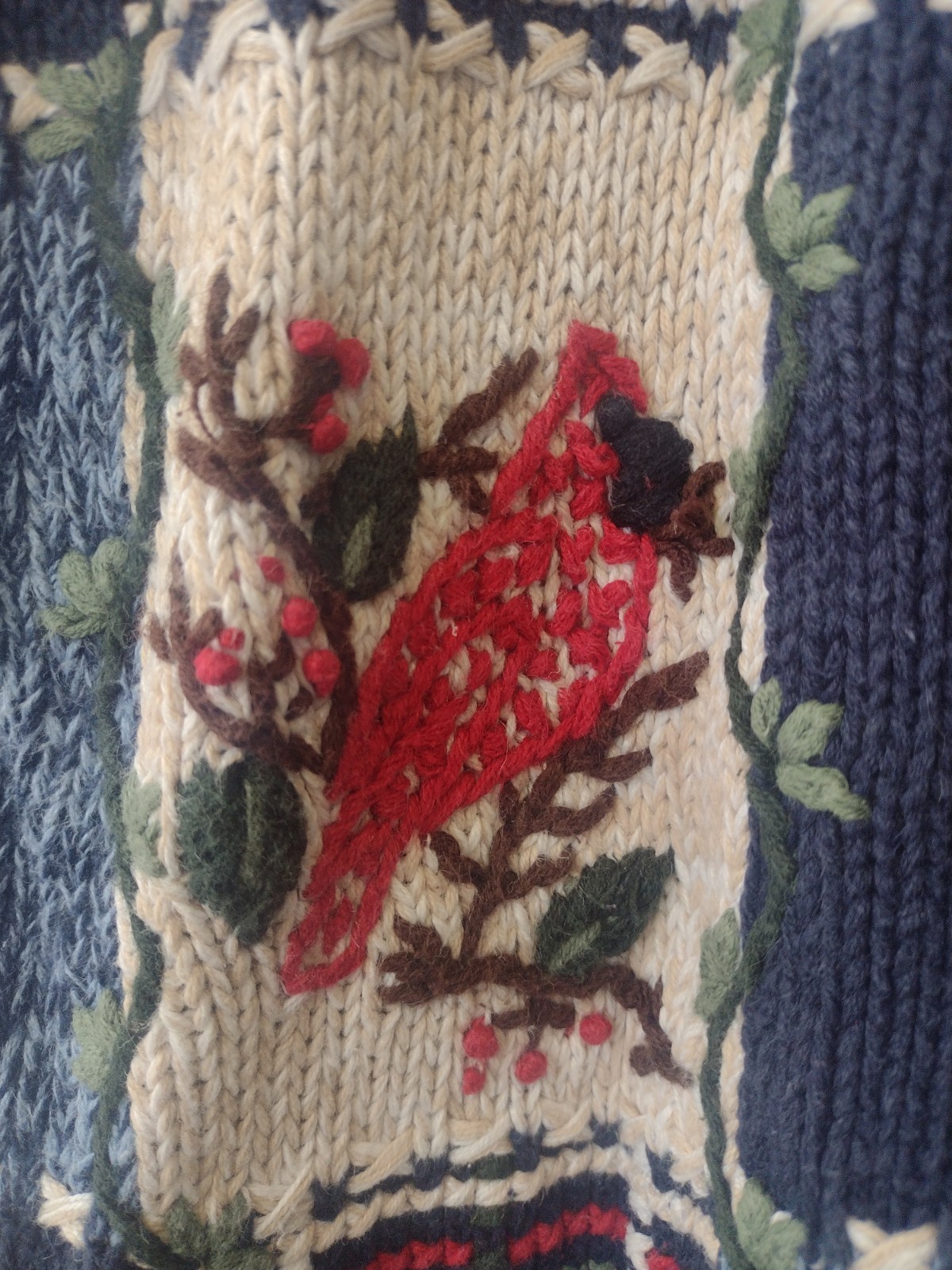 Nutcracker Ramie Cotton Blue Patchwork Cardinal Holiday Sweater Medium