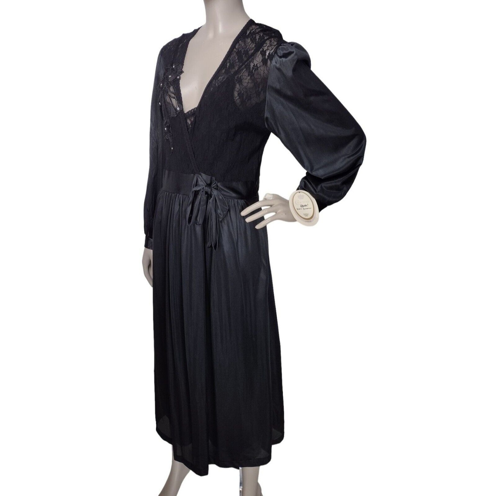 Vintage 80s Cinema Etoile Sexy Black Lace Sweeping Princess Nightgown & Robe NEW