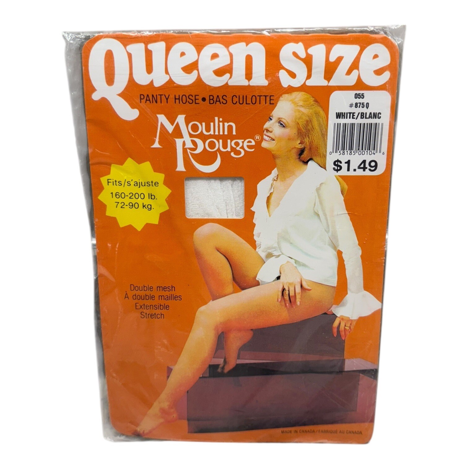 Vintage Moulin Rouge Pantyhose White Queen Size 160-200Lb Double Mesh