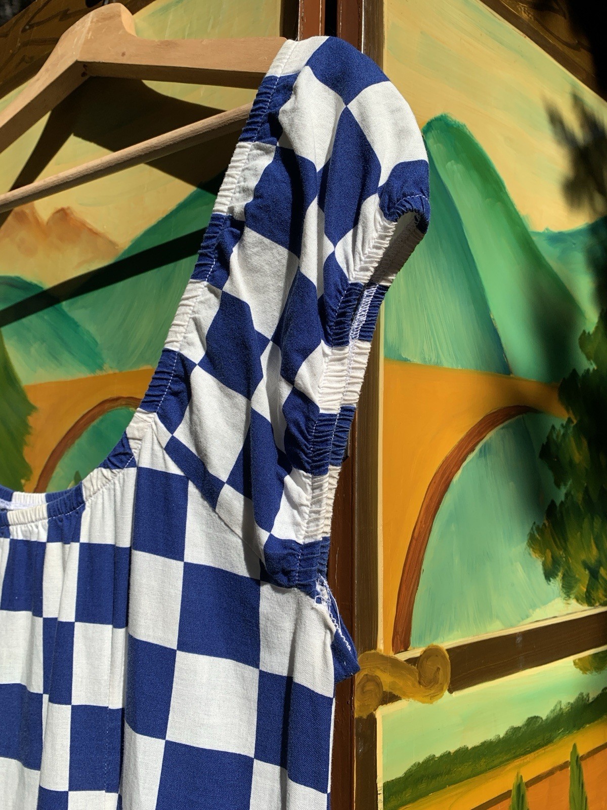 1970’s Checkerboard Print Blue and White Dress