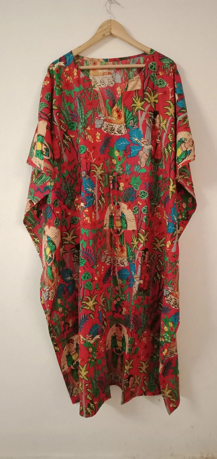 Frida Kahlo Design Caftan Indian Bohemian Nightwear Red Dress Long Kaftan Maxi
