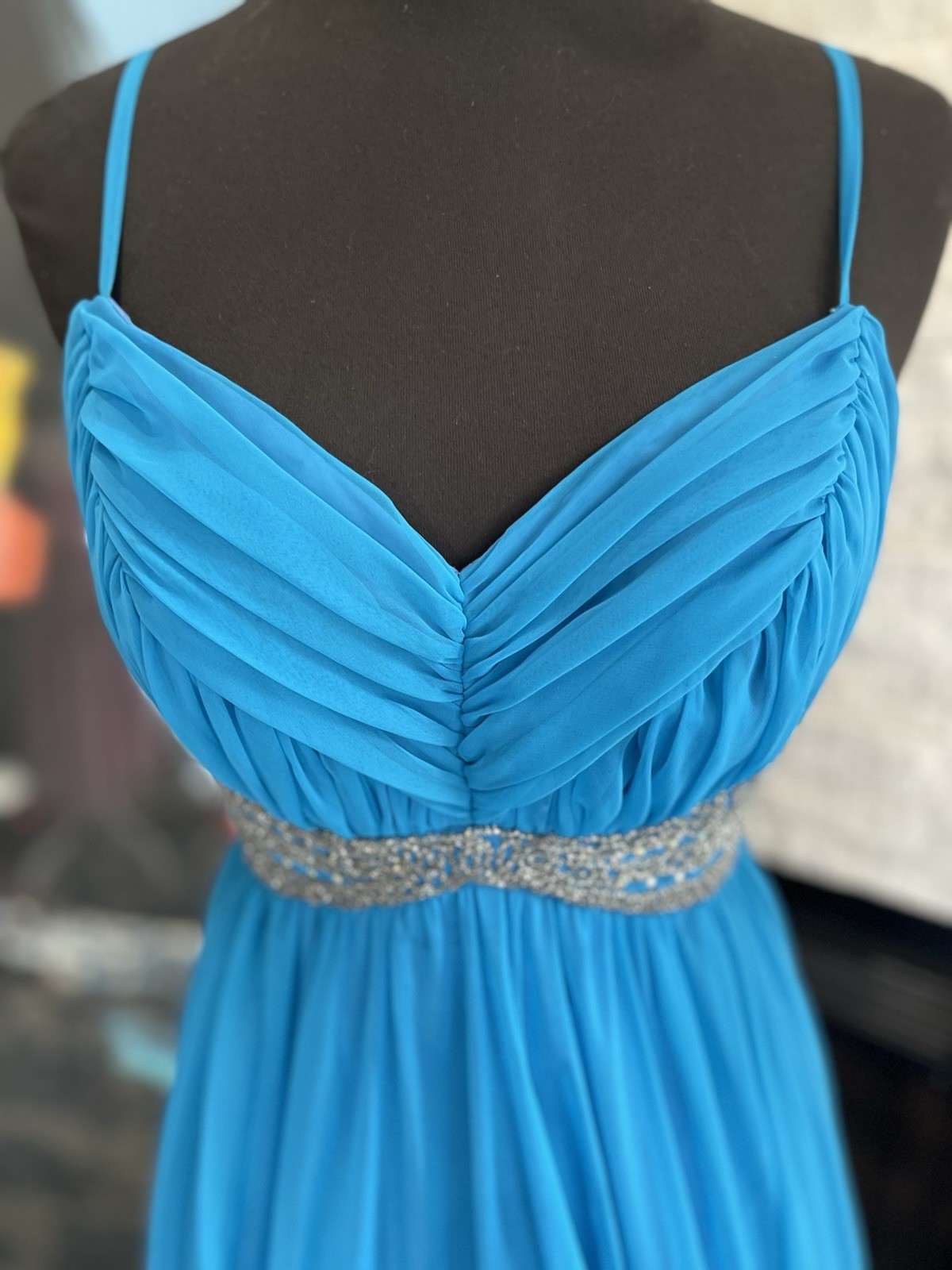 Vintage Ball Gown 1970s Mike Benet Blue Dress White Silver Beads Sequins Chiffon