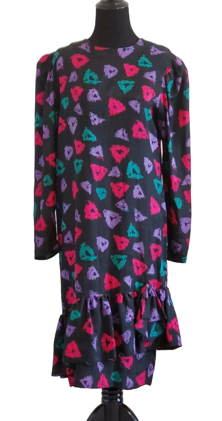 Pre-owned R K Originals Silk Dress Black Geo Print Ruffled Hem Size 10 Vtg 80s