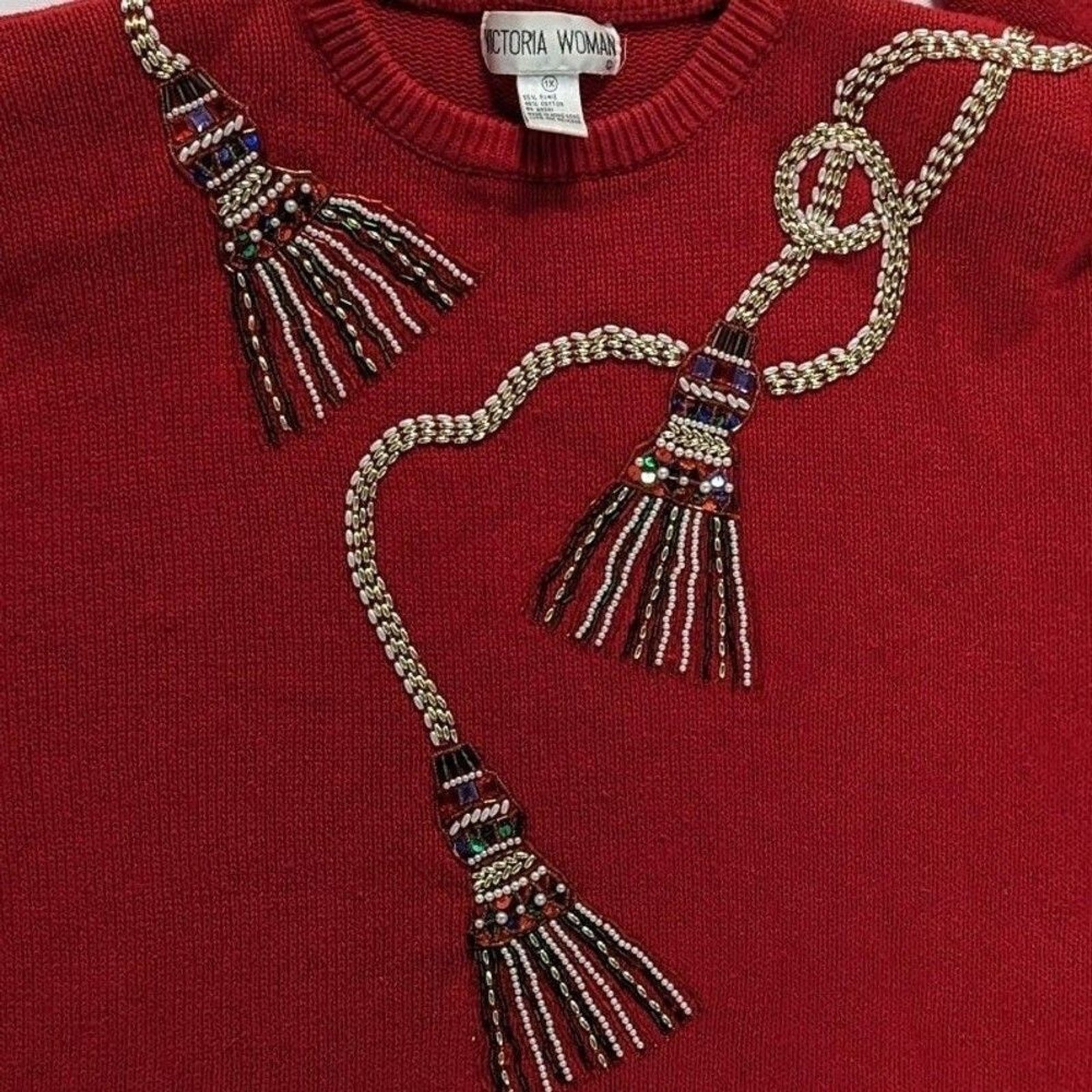 Vintage Victoria Woman Size 1x Red Ugly Christmas Sweater Glass Beaded Design