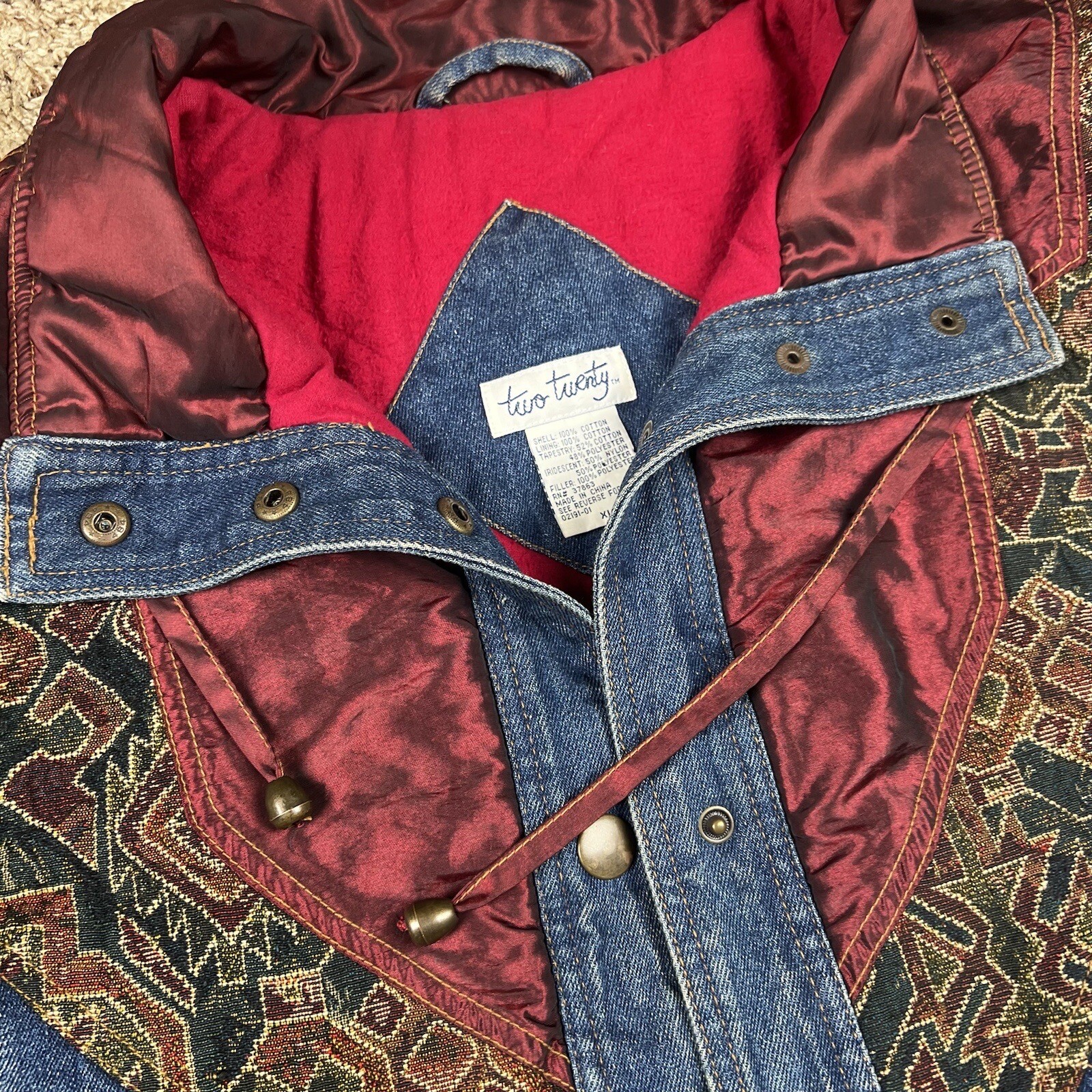 Vintage 90s Two Twenty Women’s Blue Denim Patchwork Winter Lined Jacket XL Long
