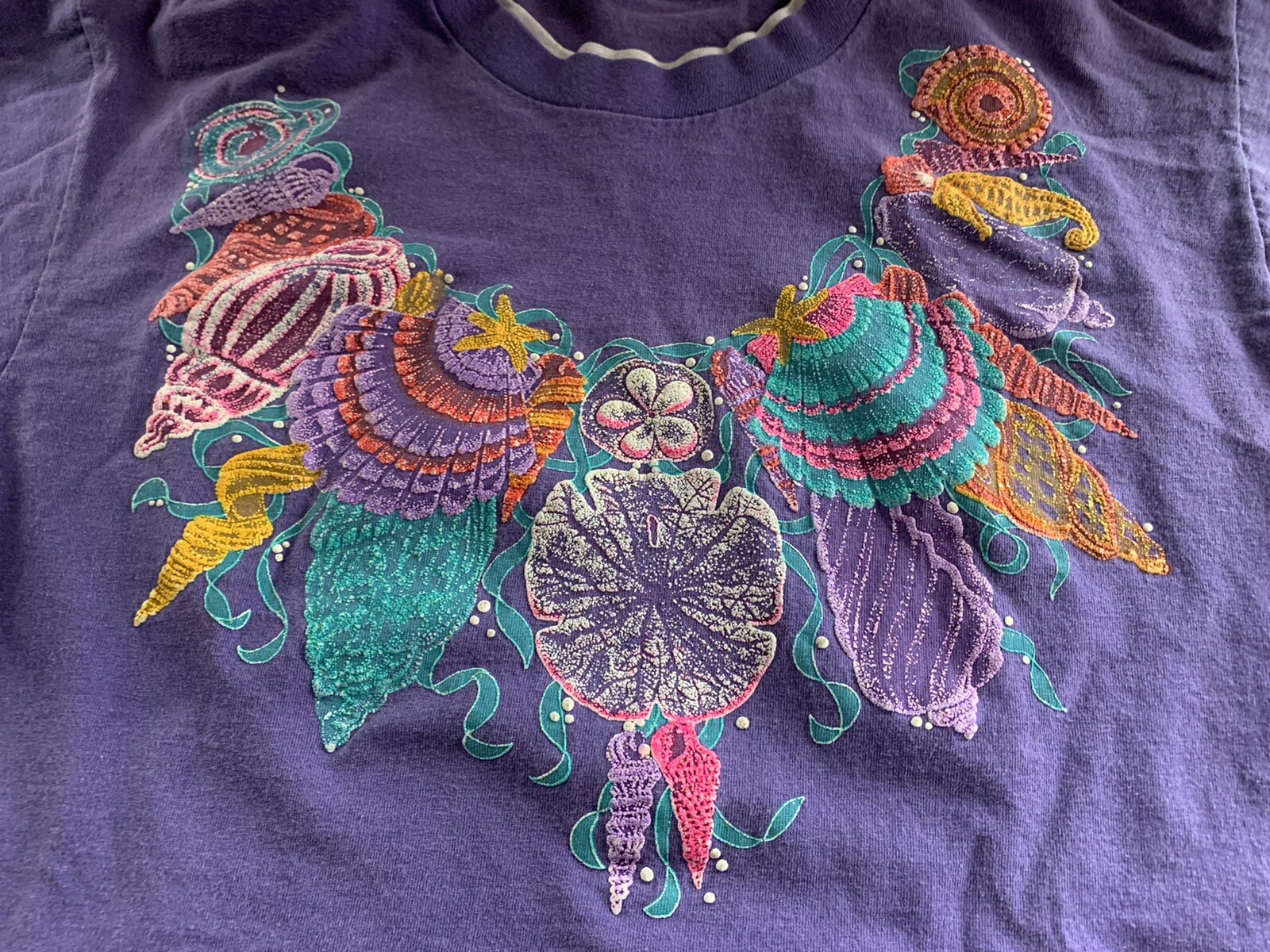 Vtg 90s Panama Jack Granny TShirt L ? Purple Shells Glittery Distressed Sea