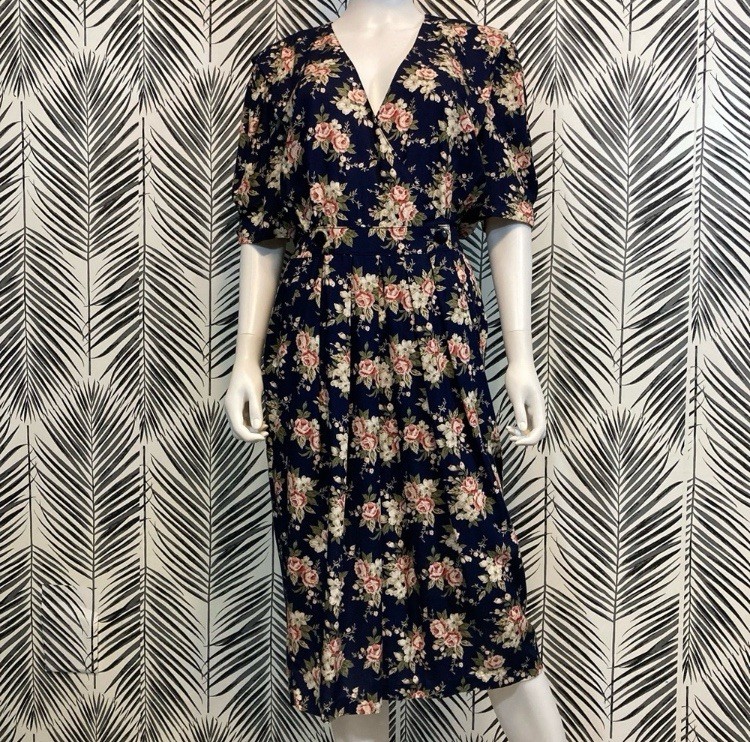 Vintage 1980’s Dark Floral Rose Print Midi Dress, Navy Blue and Pink, Size 12