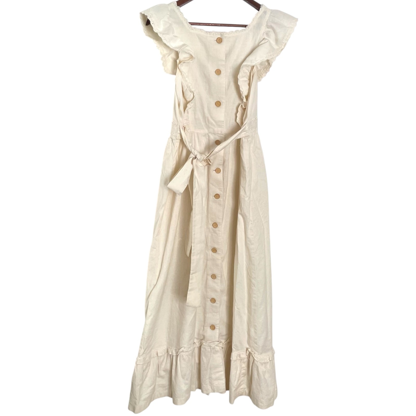 STUNNING Vintage 70s Apron Style Maxi Dress M Cream Lace Ruffle Trim Bohemian