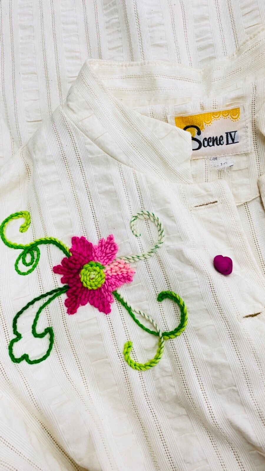 Vintage 1950s white embroidered dress long sleeve pink floral cotton pin-up M L