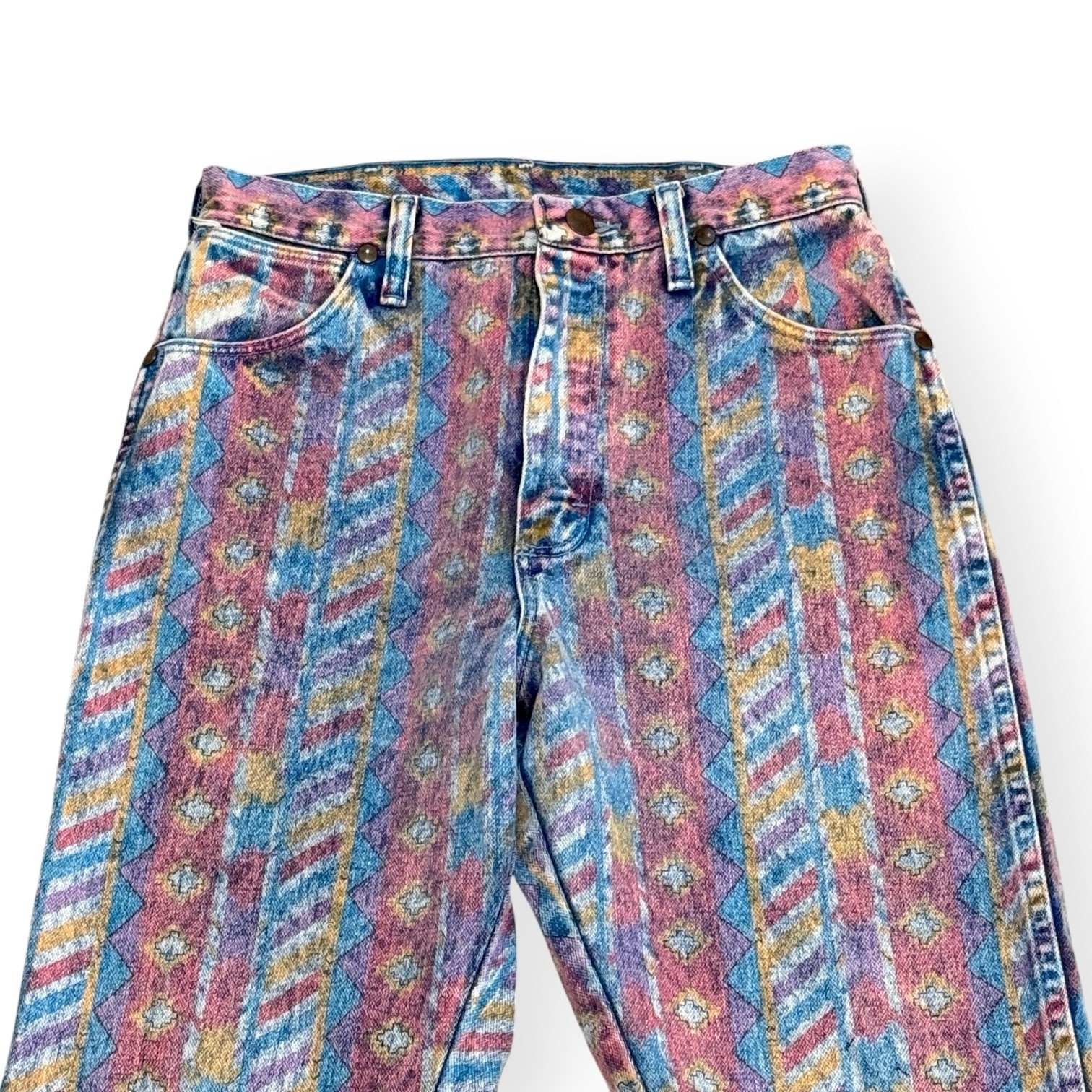 Vintage 80s Wrangler Aztec Print Jeans 14MWTZR Size 11 27×32 Made USA High Rise