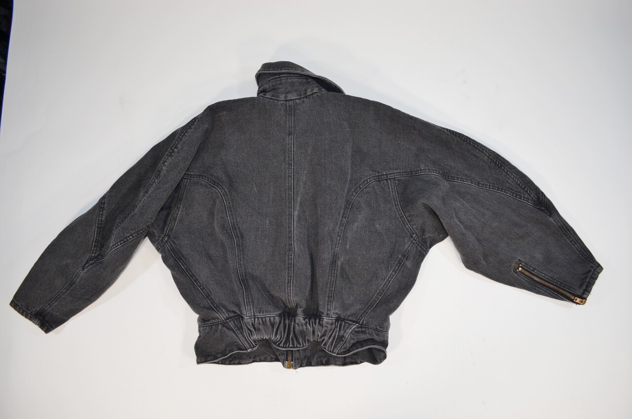 VTG 80s 90s Oxygen Denim Jacket Grey Full Zip Bat Sleeve Back Waist Elastic S