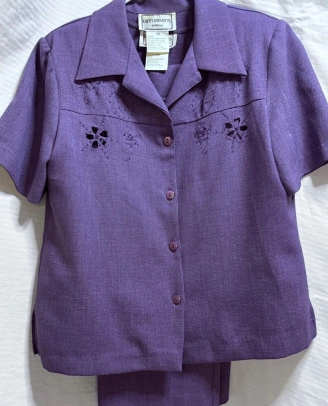 Karin Stevens Petites 10P Purple Linen Blend 2pc Pantsuit Jacket Pants Y2K