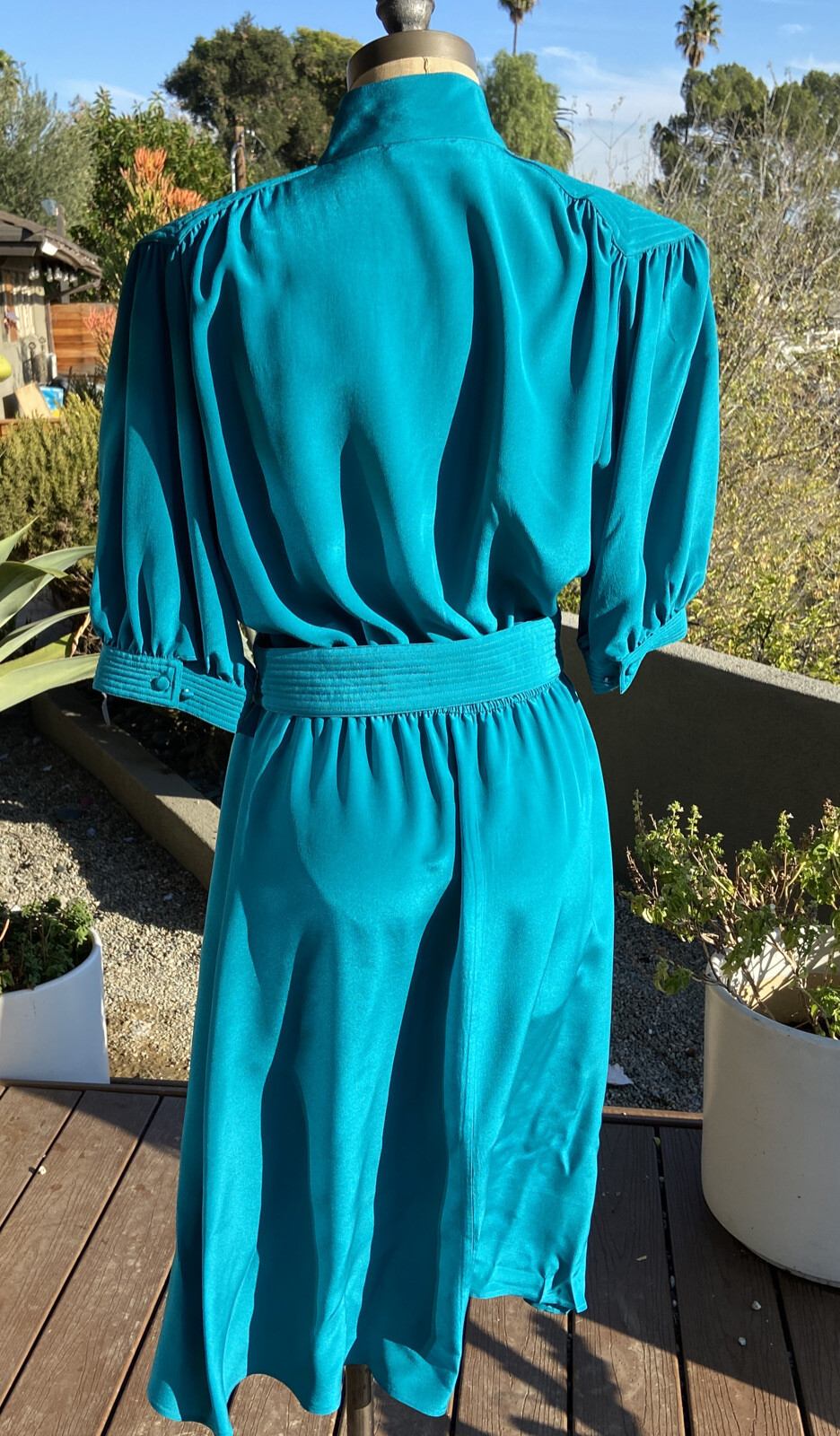 Vintage Pierre Cardin dark turquoise silk dress, circa 1980s, Sz8