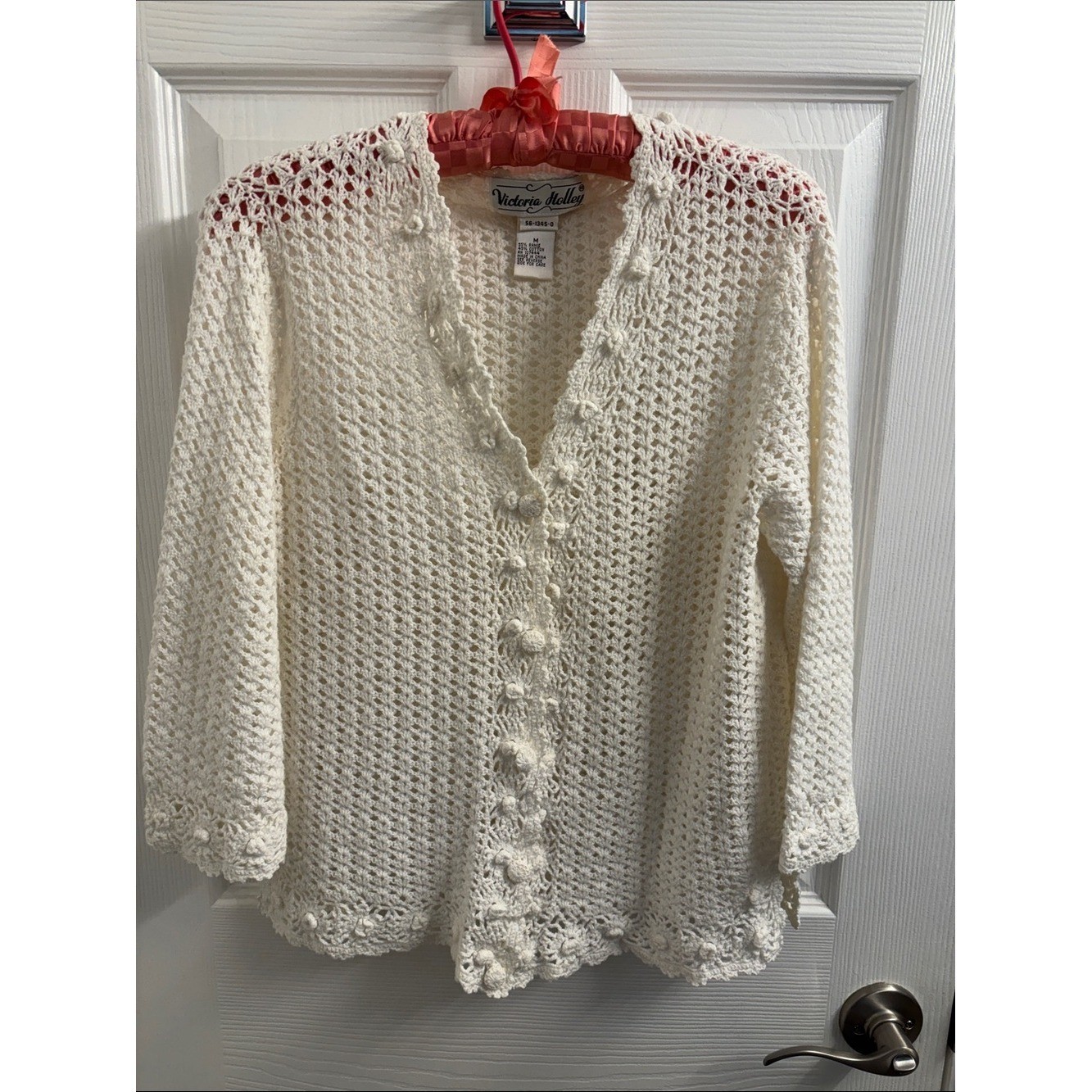 Wow! Vintage VICTORIA HOLLEY White/Cream Crochet Cardigan Sweater Boho! M