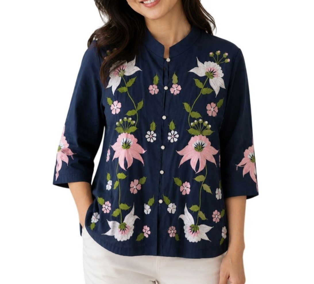 Caro of Honolulu Vintage 70s Floral embroidered Blue Button Down Floral 12