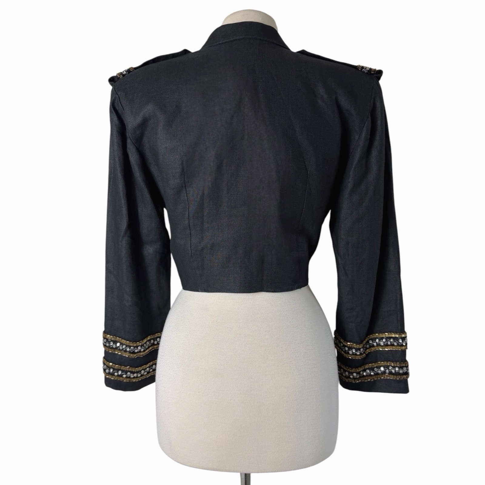 Vintage Pia Rucci Black Linen Cropped Spencer Jacket Military Beaded Blazer Sz 6
