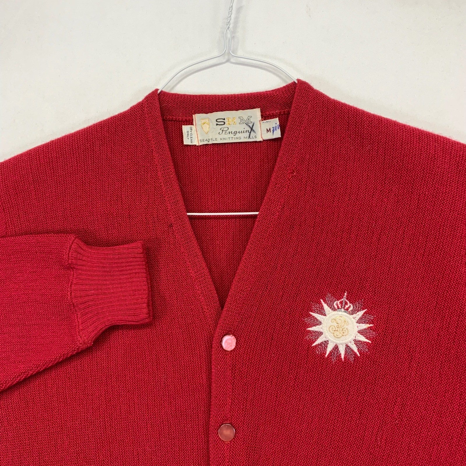 Vintage SXM Penguin Seattle Knitting Mills Cardigan Sweater Medium Wool Red