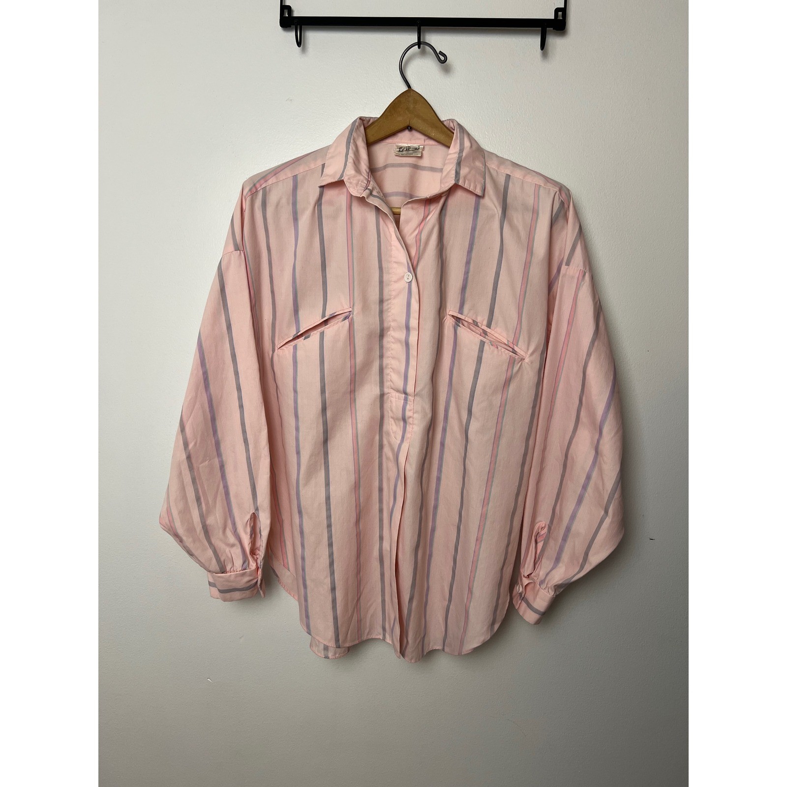 Vintage Fritzi Pink Striped Button Down Shirt Batwing Sleeve Pastel 80s Large