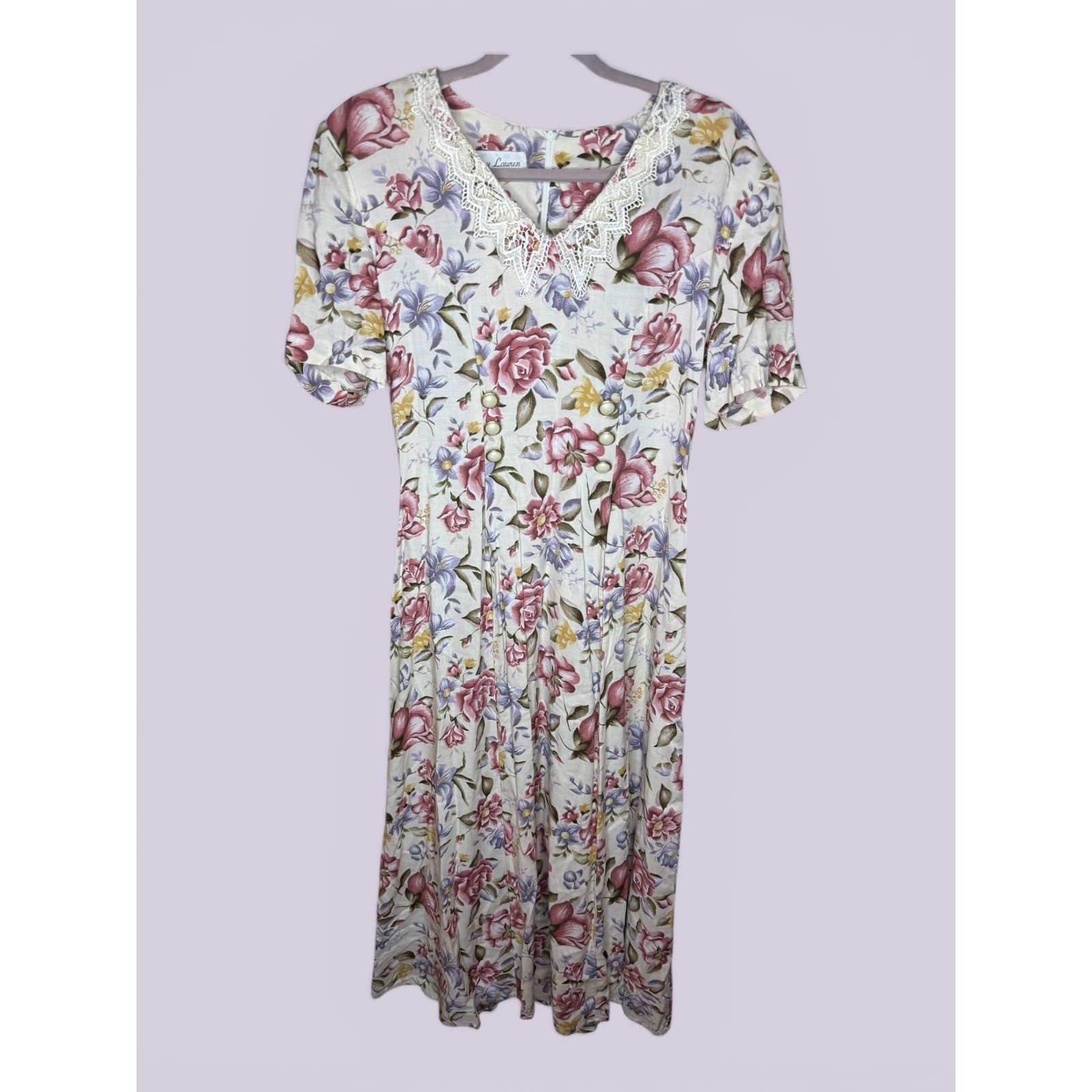 Betsy Lauren Vintage Floral Lace Trim Midi Dress Pink Purple Cream Rayon Size 6