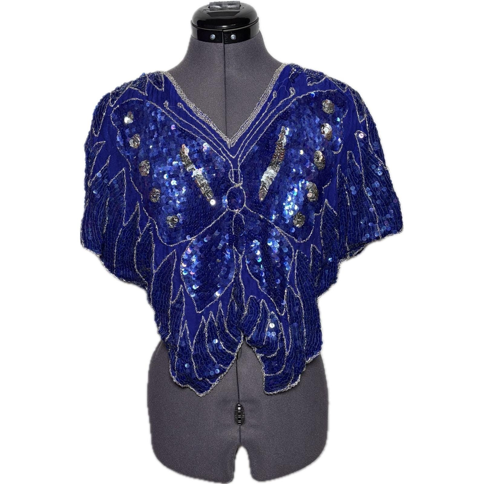 Vtg 70s Blue Butterfly Sequin Beaded Silk Top Disco Party Blouse B40 W30 S DMG