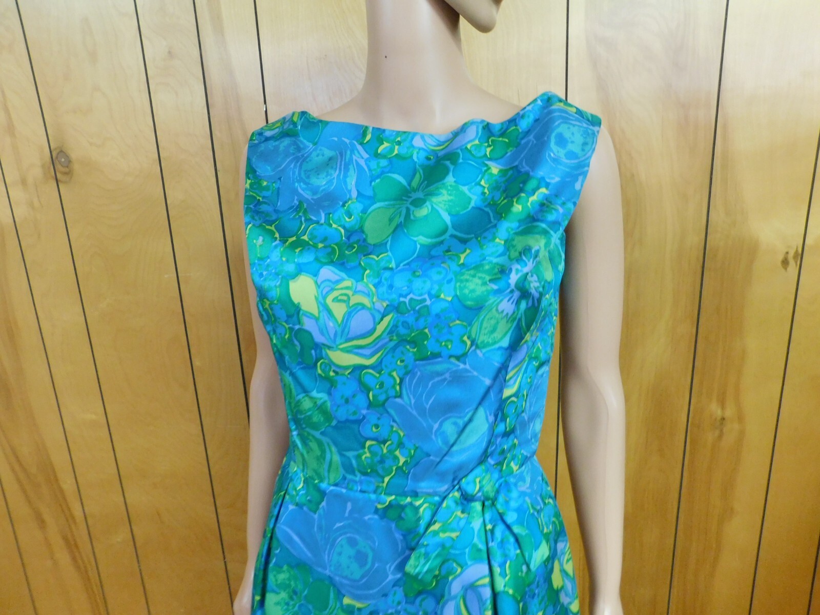 Vintage 70’s Blue Green Yellow Satin Evening Gown Pencil Dress Waist 29″*