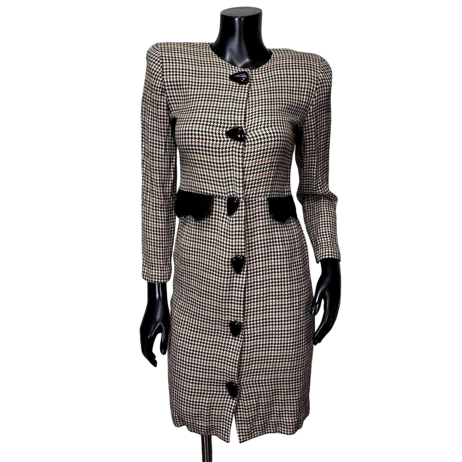 Vintage 80s Cynthia Howie Petite 4 Houndstooth Dress USA Velvet Trim Academia