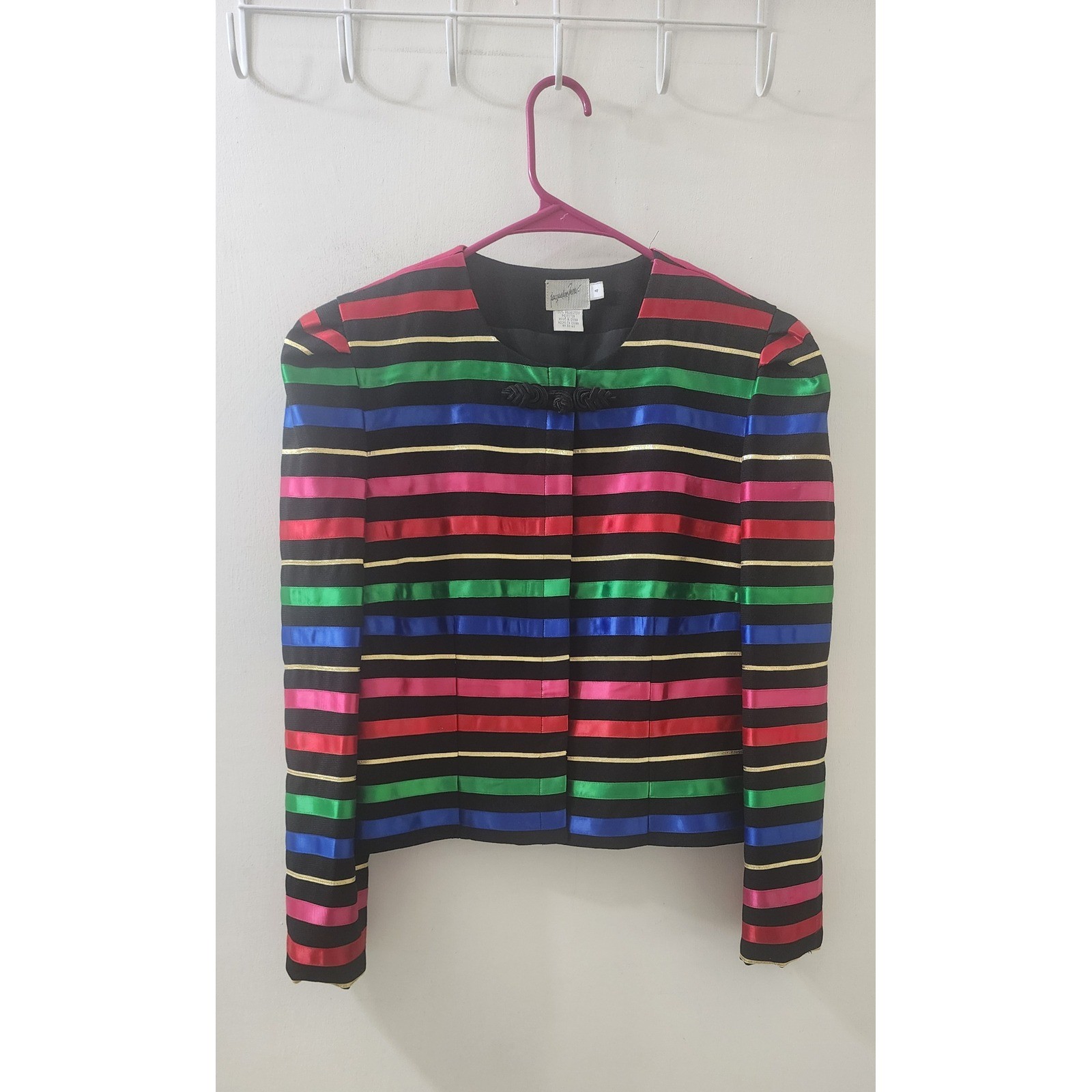 Jacqueline Ferrar Vintage Rainbow Stripe Ribbon Blazer Gold Metallic Trim Size 4