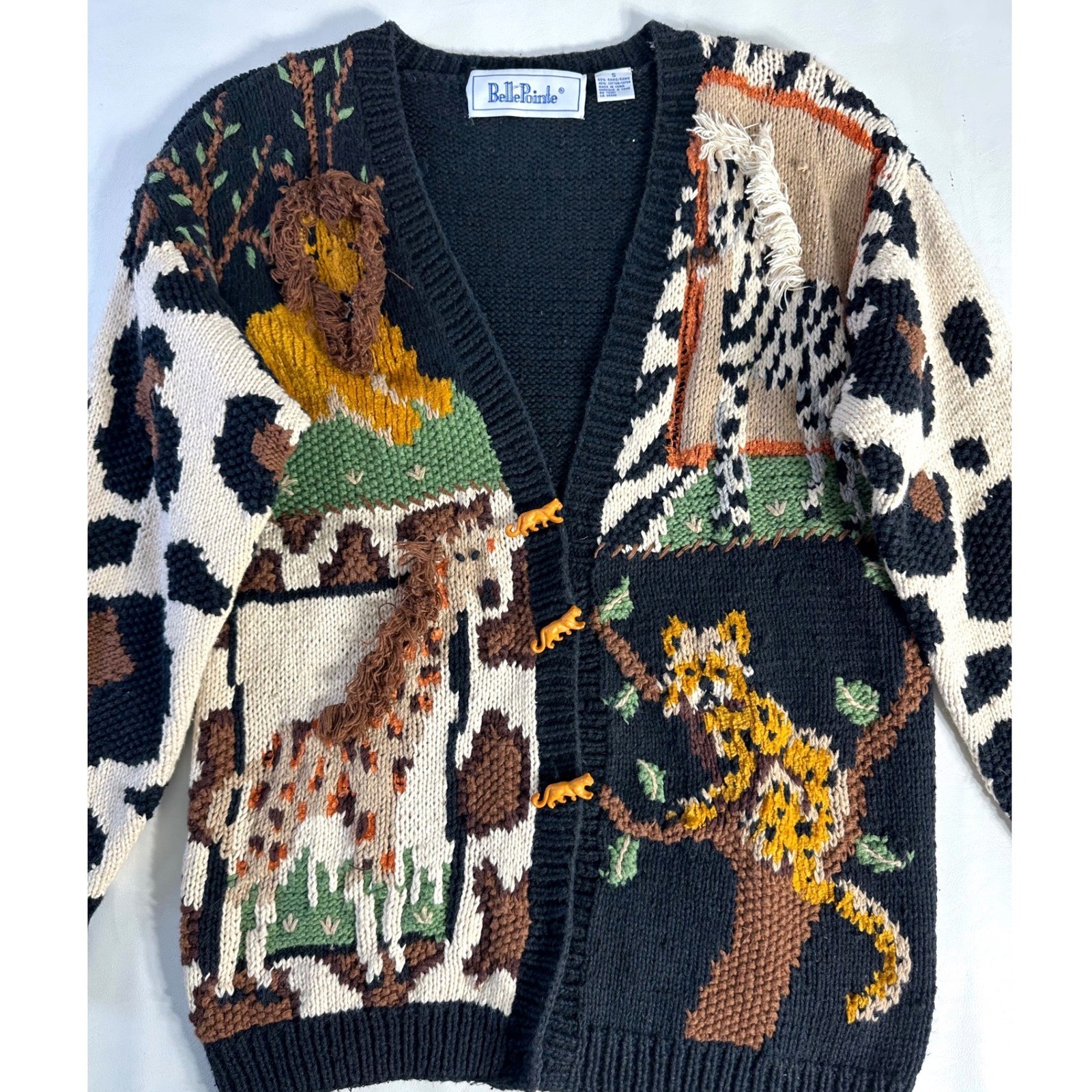 BellePointe Vintage Safari Animal Intarsia Chunky Knit Cardigan Sweater Black S