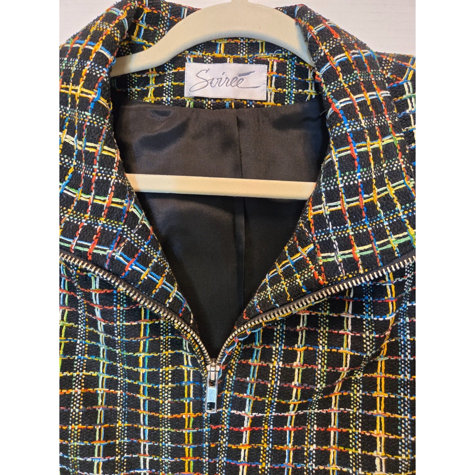 VTG 80s Soiree Handwoven Silk Crop Jacket. Womens L. Vibrant Rainbow Stitching