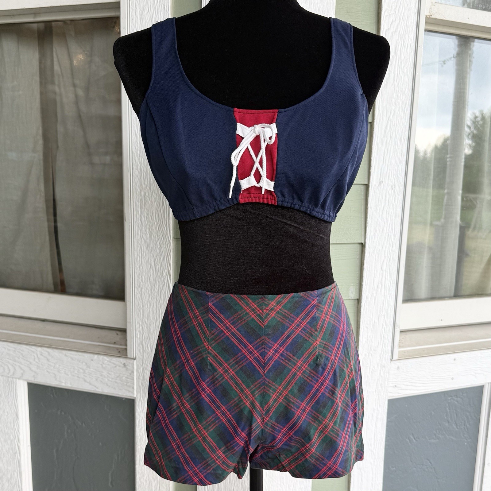 2pc VTG 60s MCM Sailor Bikini Plaid Swimsuit Boy Shorts ILGWU Union Made Sz S/M