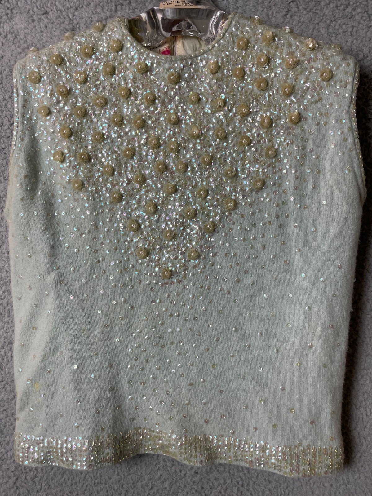 Vintage 70s Lambswool Angora Fur Top M Mint Green Beaded Sweater Vest VTG