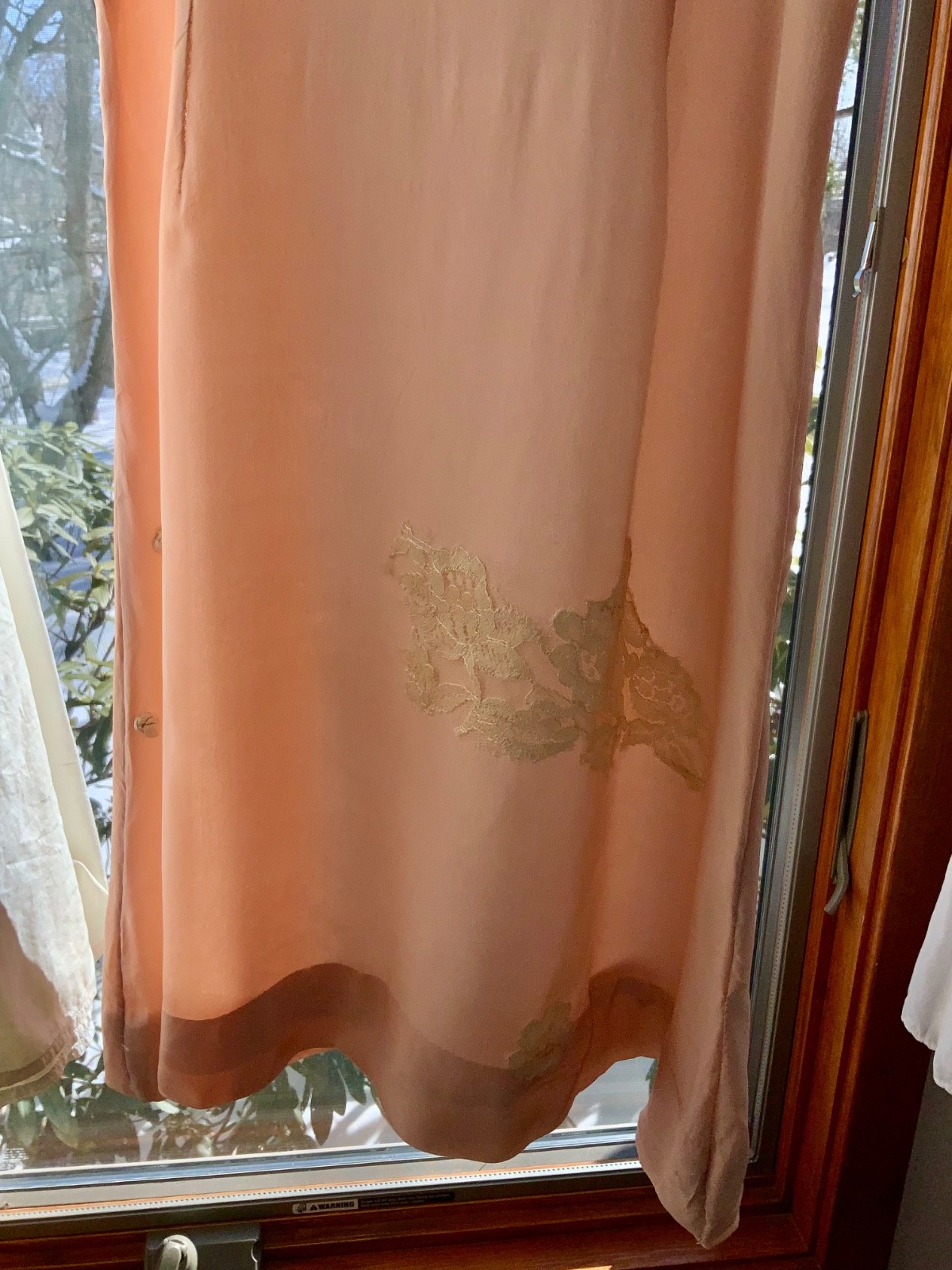 1940s Peach Silk Slip Dress with Antique Lace Appliqué — Pure Silk Boudoir Dress