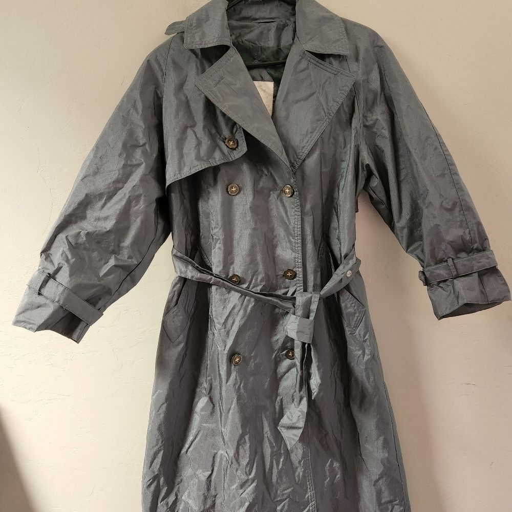 Vintage Fleet Street Green Rain Trench Jacket Size 4 Lined Double Breasted Flap