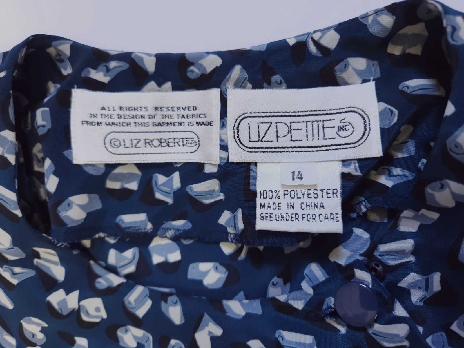 Liz Roberts Petites Vintage Marine Blue Abstract Peplum Dress 80s Women’s Medium