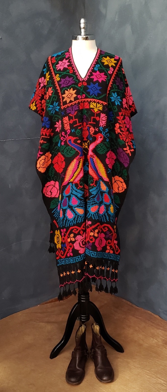 Vintage 70s Colorful Embroidered Boho Fringe Blanket Poncho OS