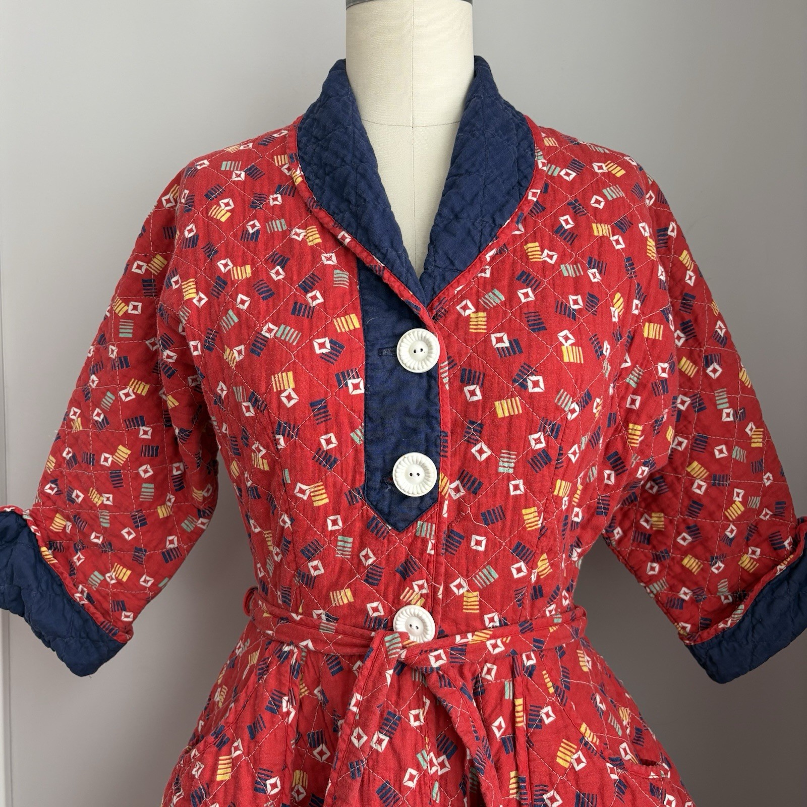 Vintage 40’s 50’s Quilted Cotton Full Circle Skirt Robe Dressing Gown Size XS