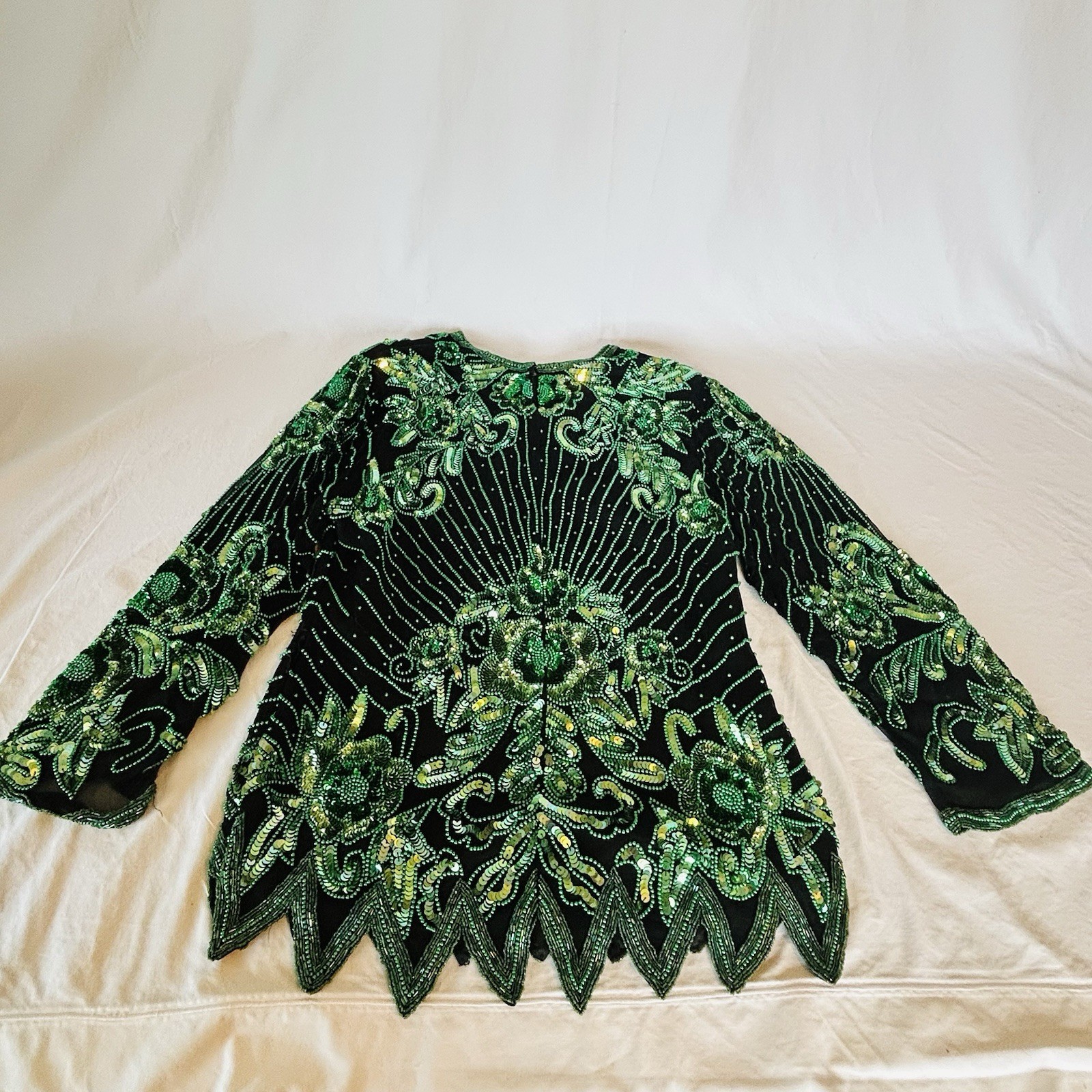 VTG Odeon Sequin Beaded Silk Top Evening Formal Party Sz 12/14 Sparkly Green