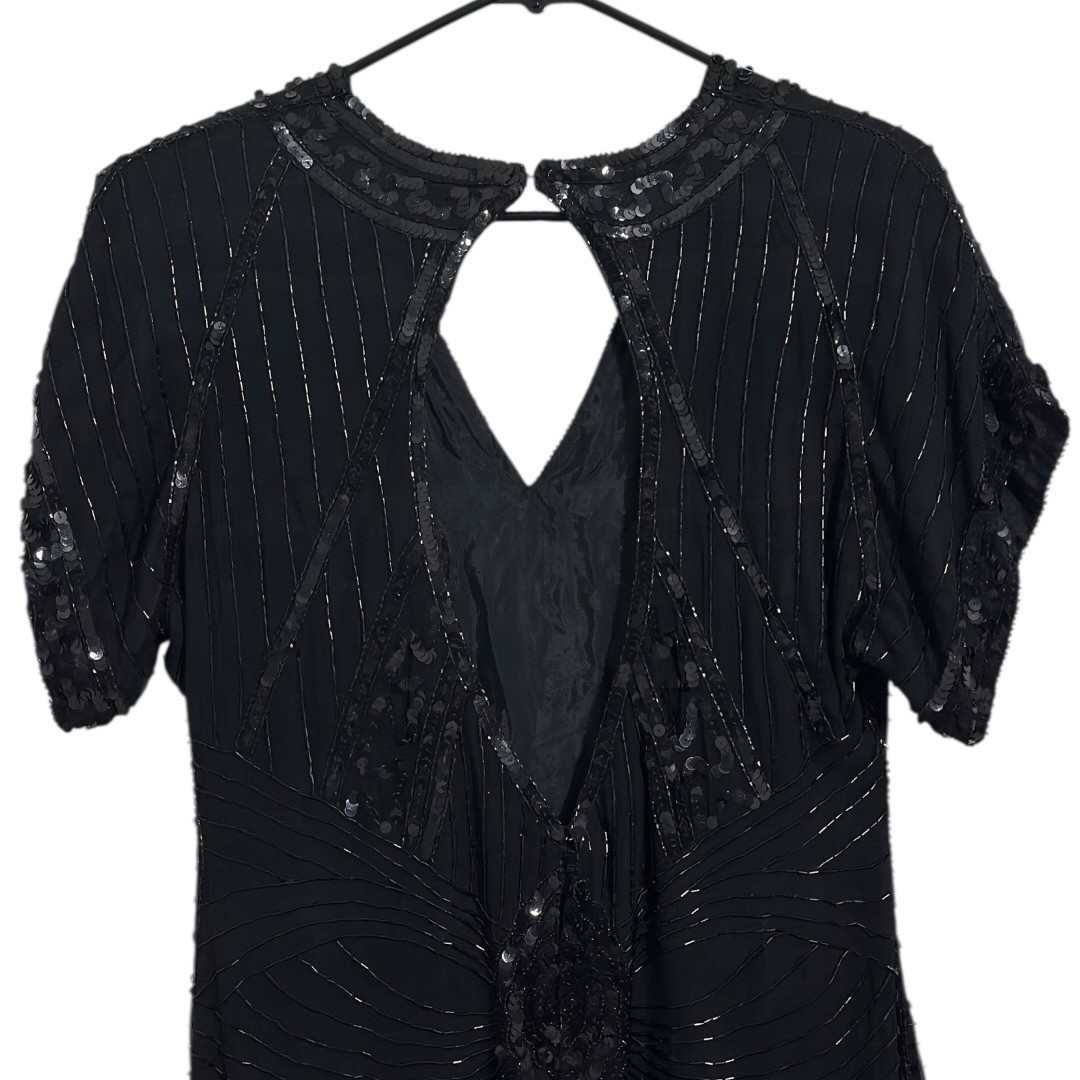 SweeLo Vintage 1920 Black Beaded 100% Silk Flapper Dress Sequin Art Deco Size PL