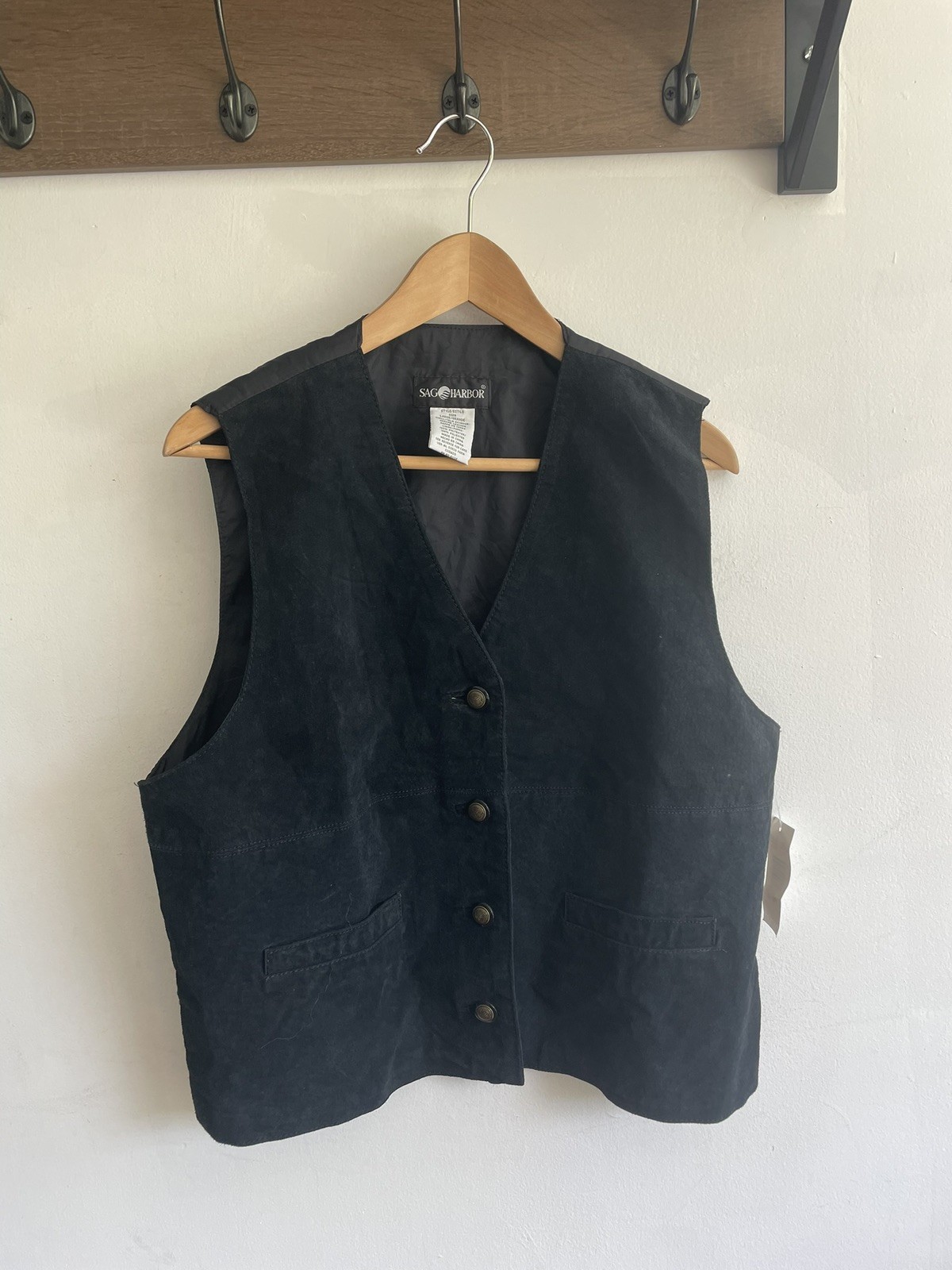 Vintage 90s Sag Harbor Black Suede Leather Vest, Women’s L, Deadstock /NWT